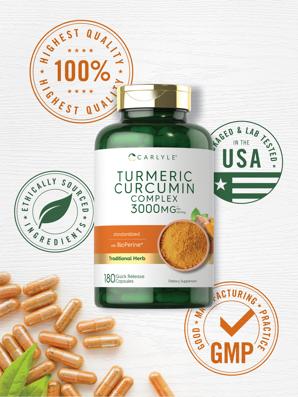 Turmeric Curcumin 3000mg 180 Capsules | with Bioperine | by Carlyle