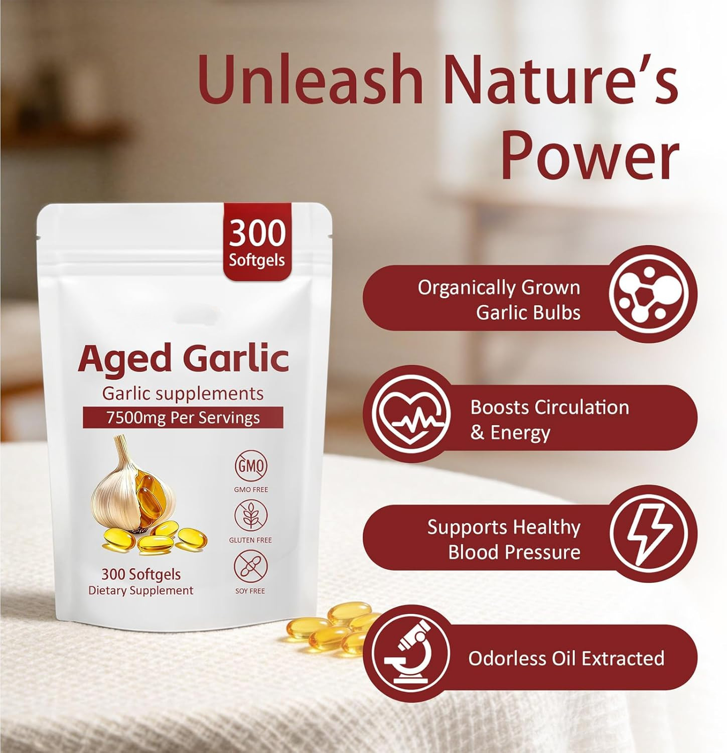 Aged Garlic Extract, 300 Softgels, 7500mg Odorless | Heart & Immune US