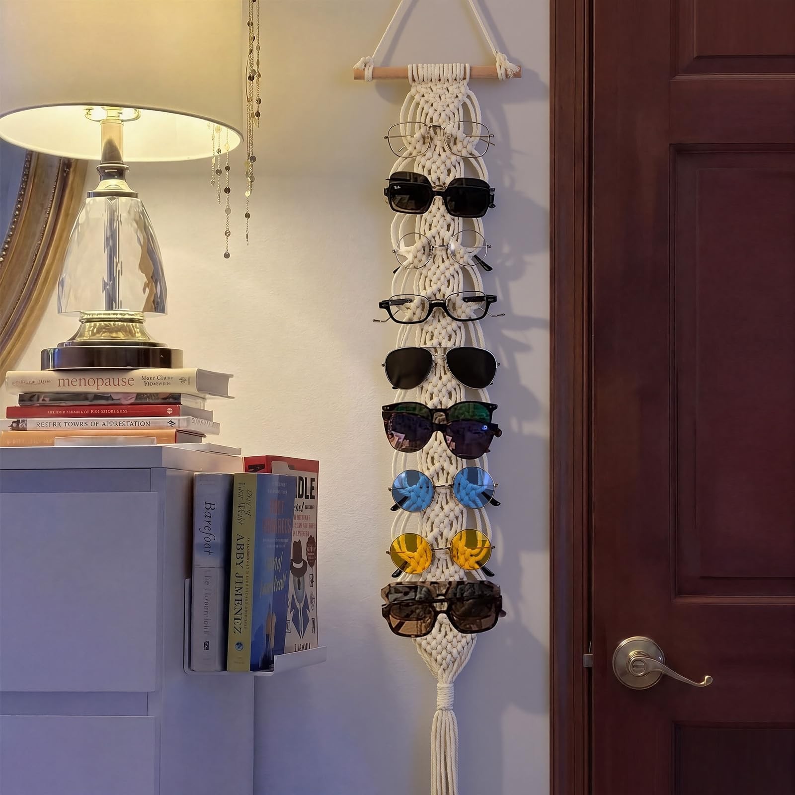 Macrame Sunglasses Holder Boho Wall Hanging Glasses Organizer Home Decor White