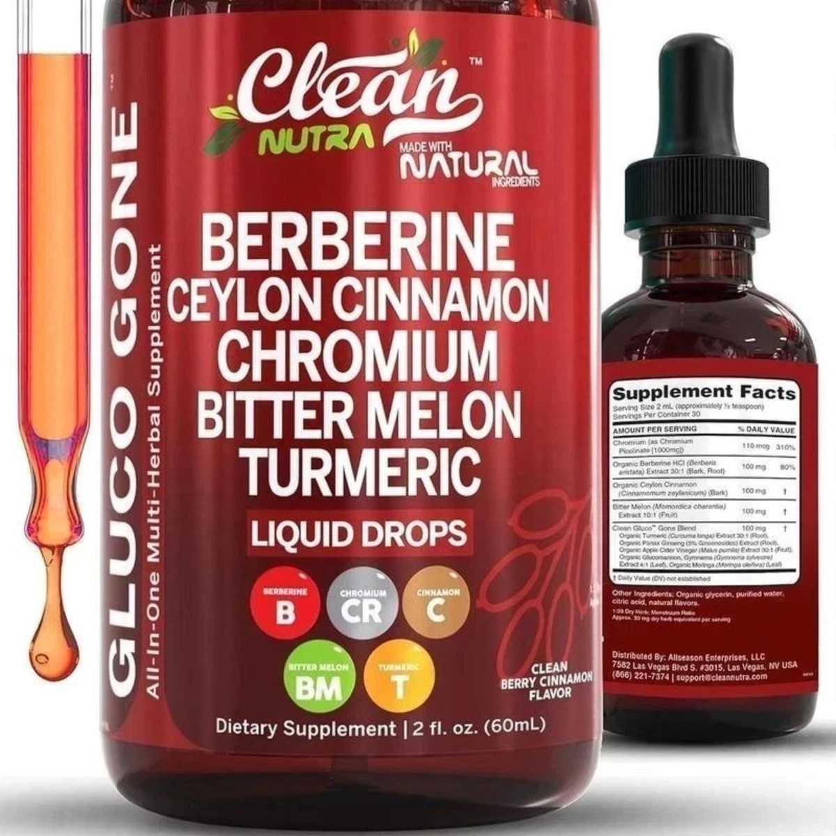 Clean Nutra Berberine & Ceylon Cinnamon Drops–Liquid Metabolic Support,2 fl oz