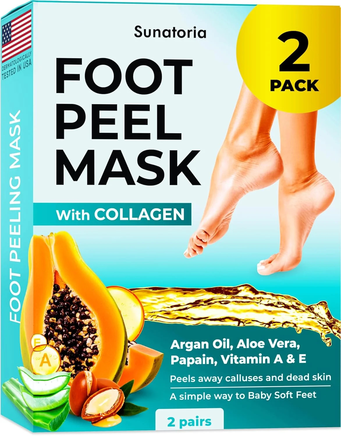 SUNATORIA Foot Peeling Mask (2 Pack) – Exfoliating Foot Mask for Dry Cracked Fee