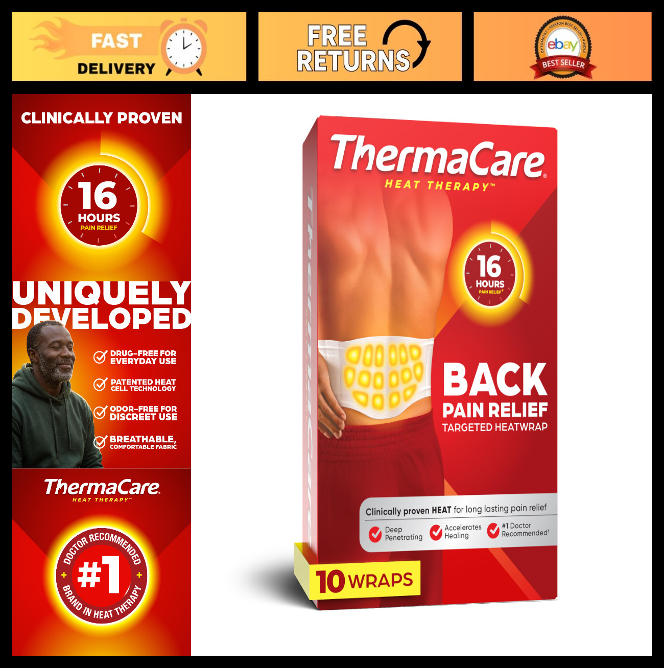 Long-Lasting Heat Therapy Wraps for Back & Hip Pain Relief, Disposable, 10 Pack