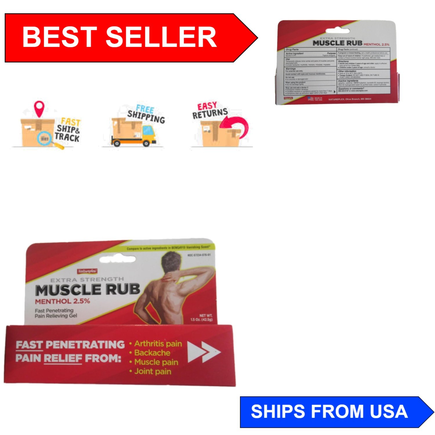 Natural Extra-Strength Muscle Rub Gel with 2.5% Menthol – 1.5 oz for Pain Relief
