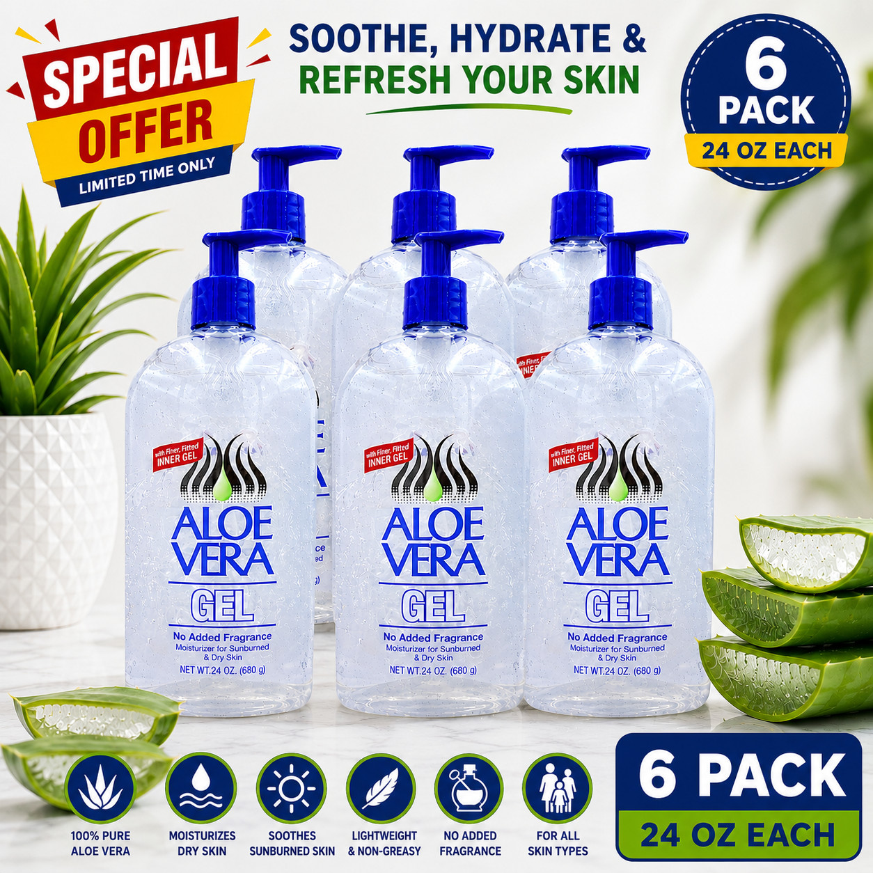 Aloe Vera Gel 24 oz Pump Bottle No Fragrance Skin Moisturizer 6 Pack 680g Each