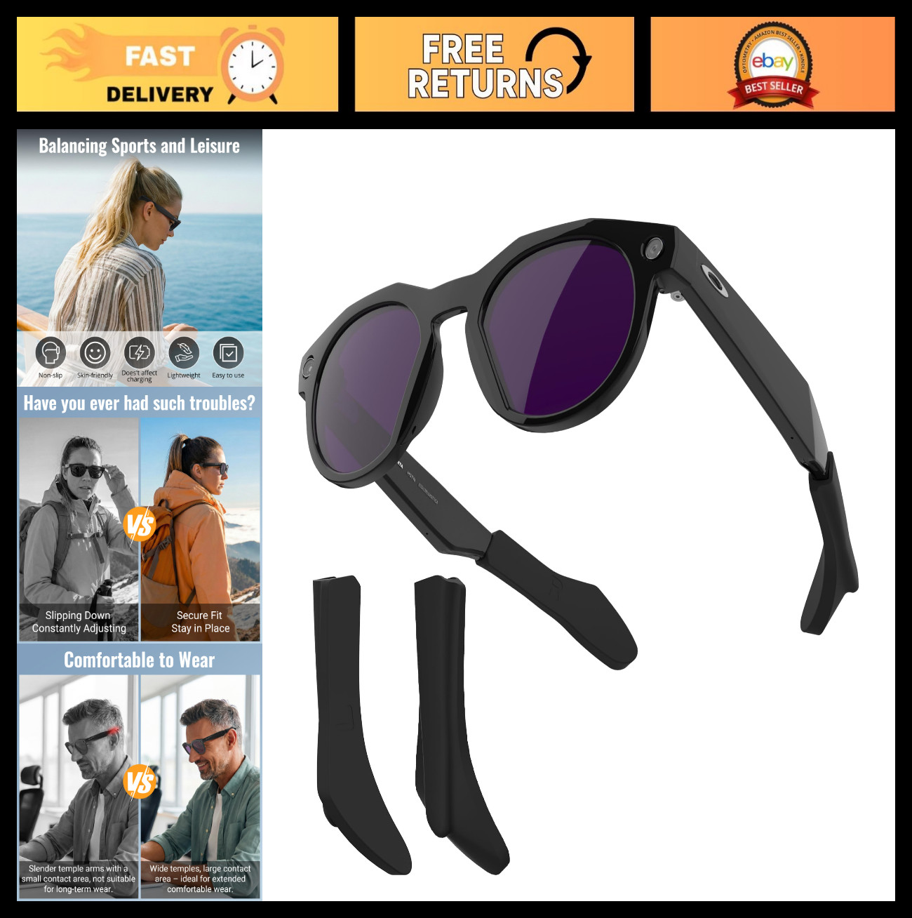 Anti-Slip Silicone Eyeglass Ear Grips for Smart Glasses Accessories – Black