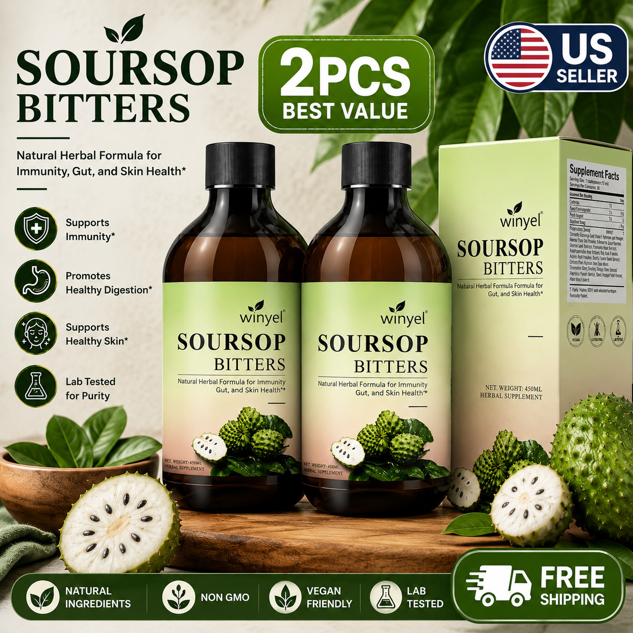2 Pack Soursop Bitters Liquid 16-in-1 Herbal Supplement Gut Health Vegan