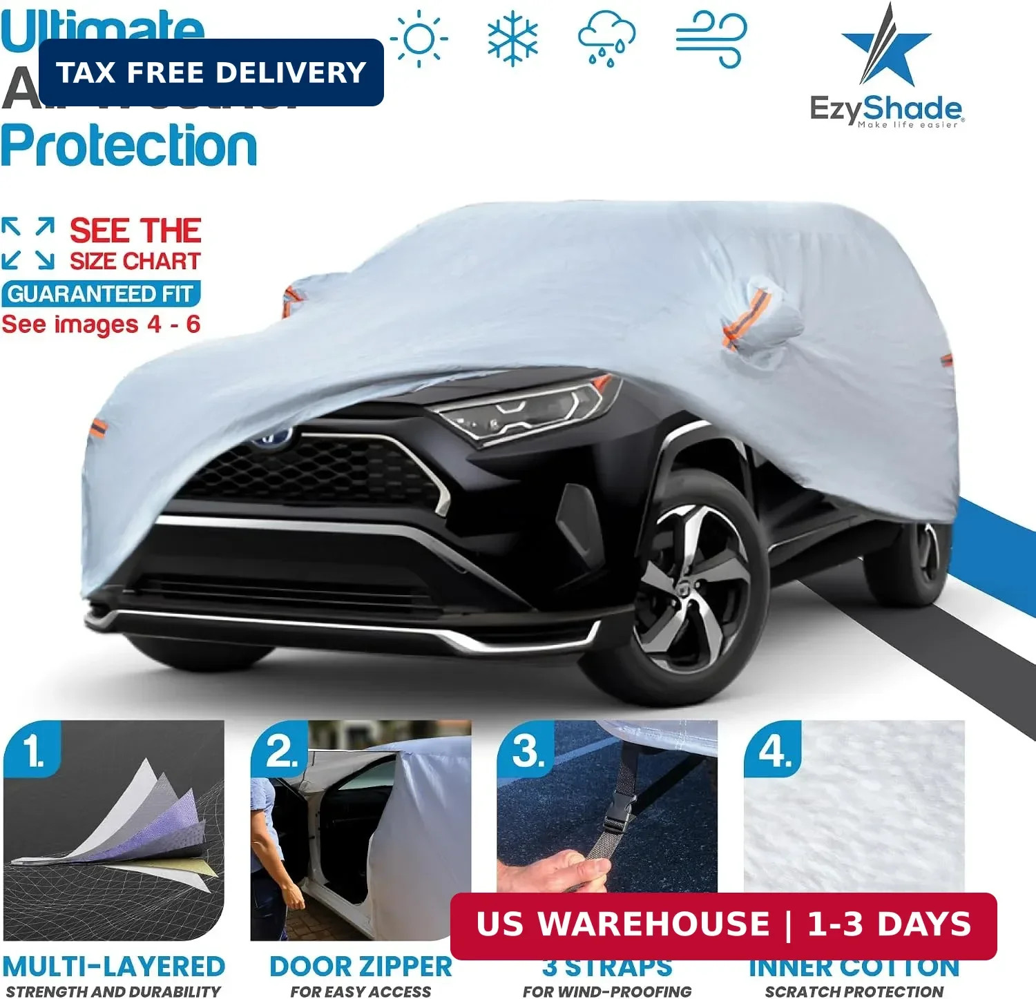EzyShade Multi-Layer SUV Car Cover Waterproof All Weather – See Vehicle Size-Cha