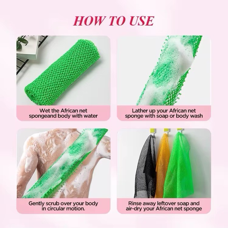 African Net Shower Back Scrubber Exfoliating Nylon Green 43 in