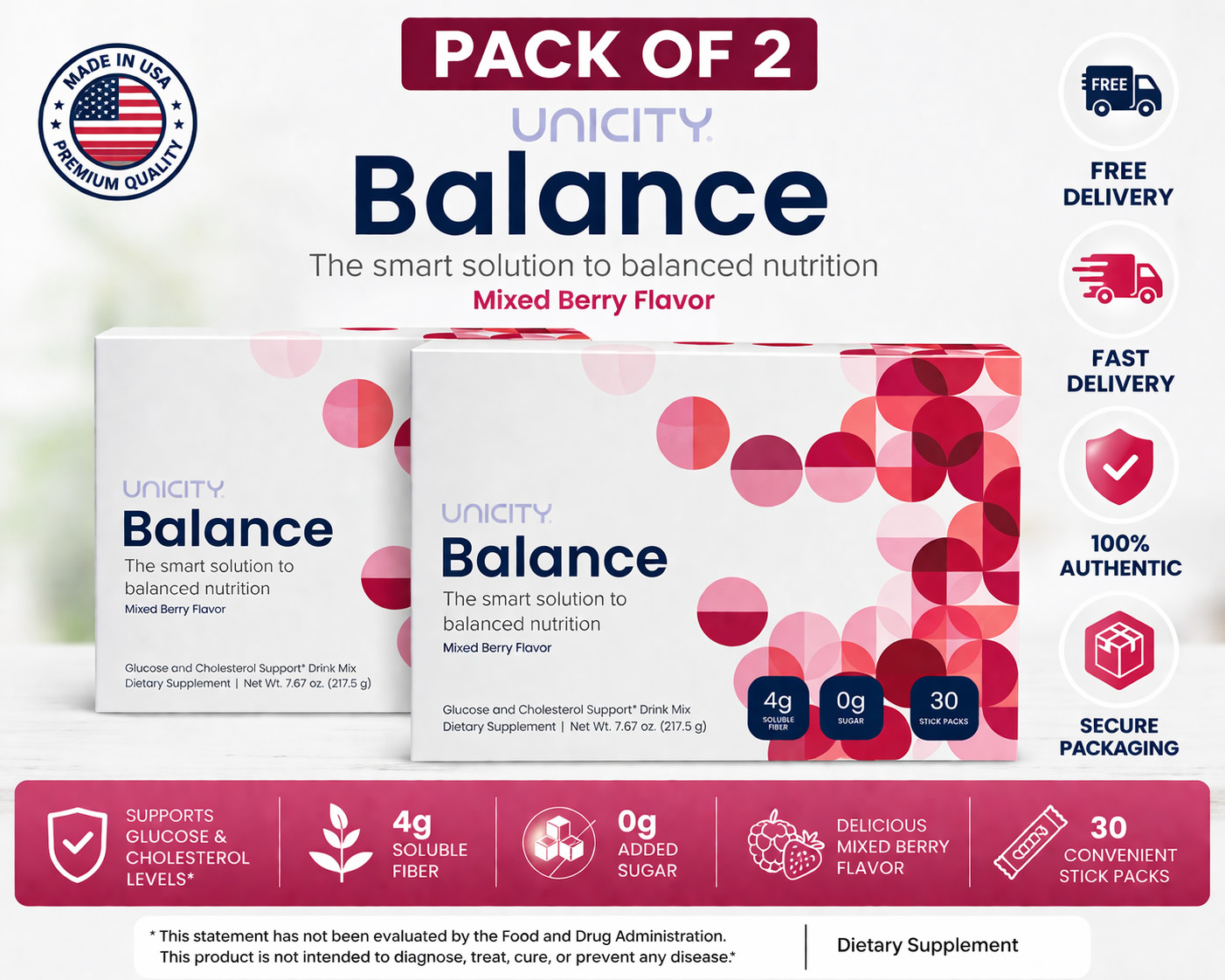 2 Pack Unicity Balance Mixed Berry (30*2) 60 Stick Packs Glucose & Cholesterol