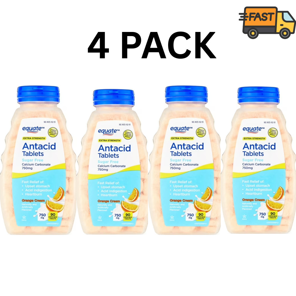 Equate Extra Strength Antacid Orange Cream Chewable Tablets 4 Pack