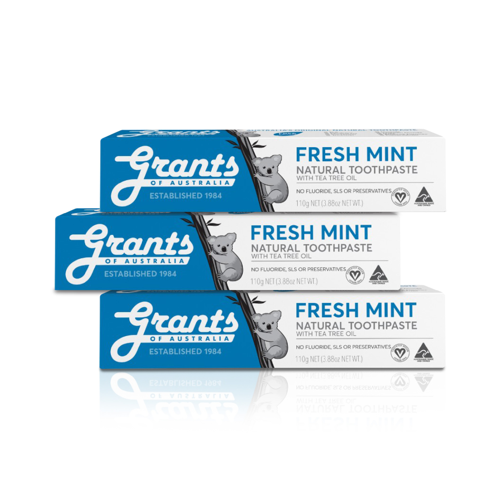 3x Grants Australia Natural Toothpaste Fresh Mint With Tea Tree Oil 110g [Vegan]