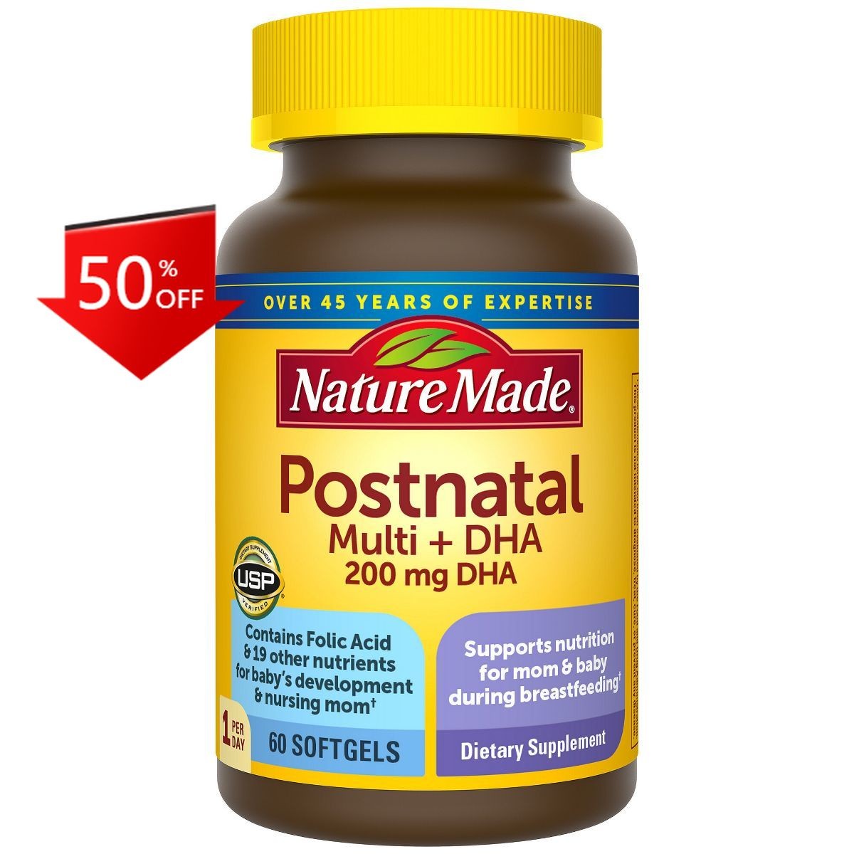Nature Made Postnatal Multivitamin + DHA 200 mg Softgels, USP Verified – 60ct
