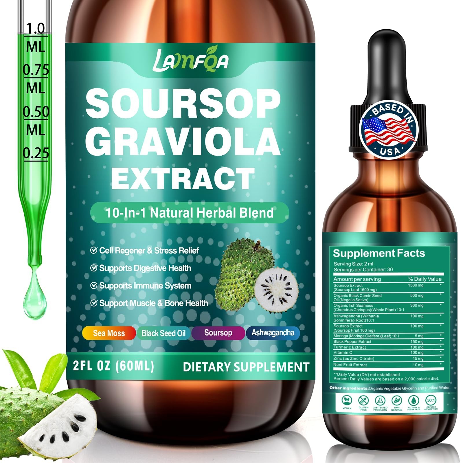 LAMFQA Soursop Herbal Blend Liquid 10-in-1 Vegan GMO & Sugar-Free 2 Oz Exp 11/27