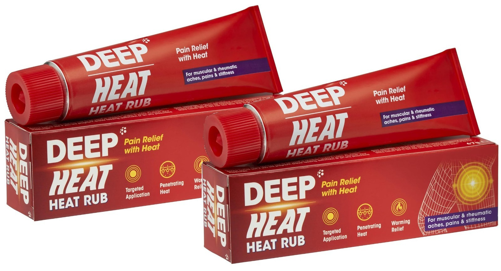 2x Deep Heat Rub Muscular Rheumatic Pain Relief Heat Cream 67G each Exp 11.2028