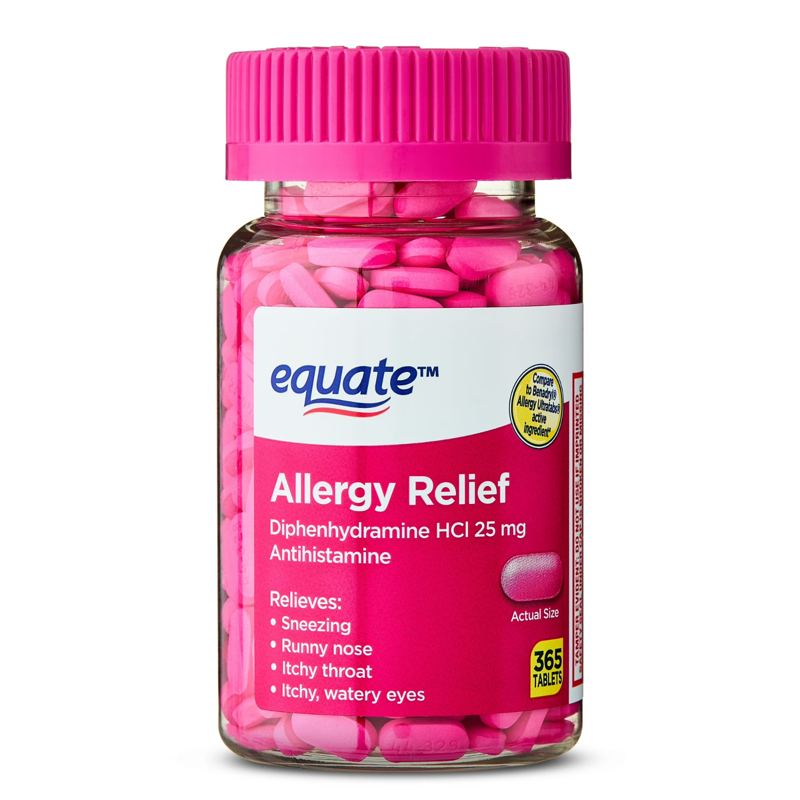 New Equate Allergy Relief Tablets with Diphenhydramine Hcl 25mg, 365 Count