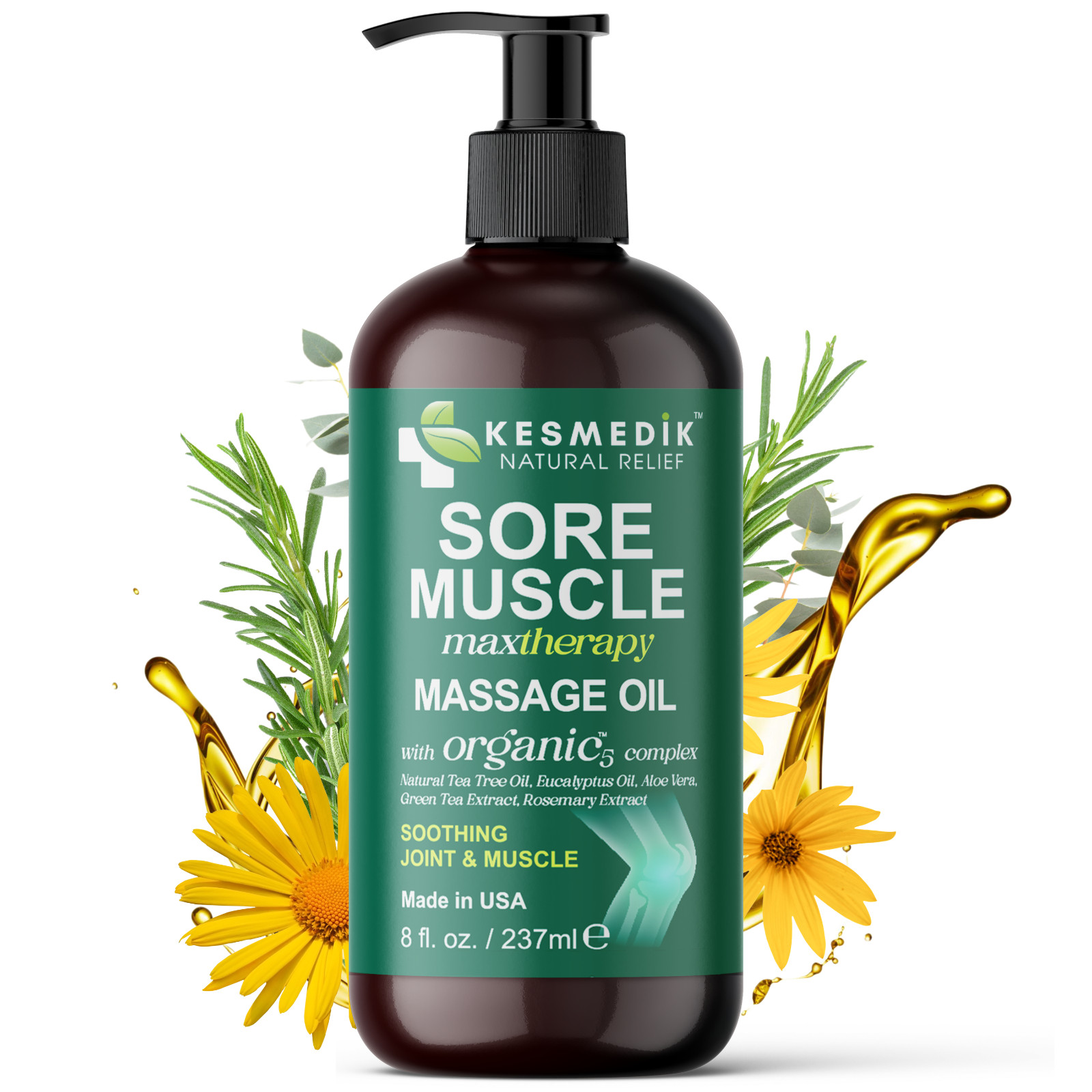 Kesmedik Sore Muscle Massage Oil, Organic-5 Complex, Non-Greasy, Soothing Relief