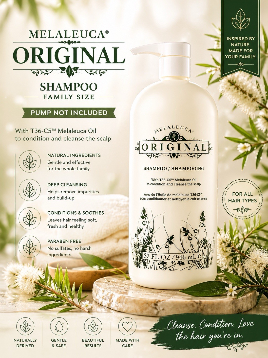 Melaleuca Original Shampoo 32 oz Family Size with T36-C5 Oil for Scalp with pump