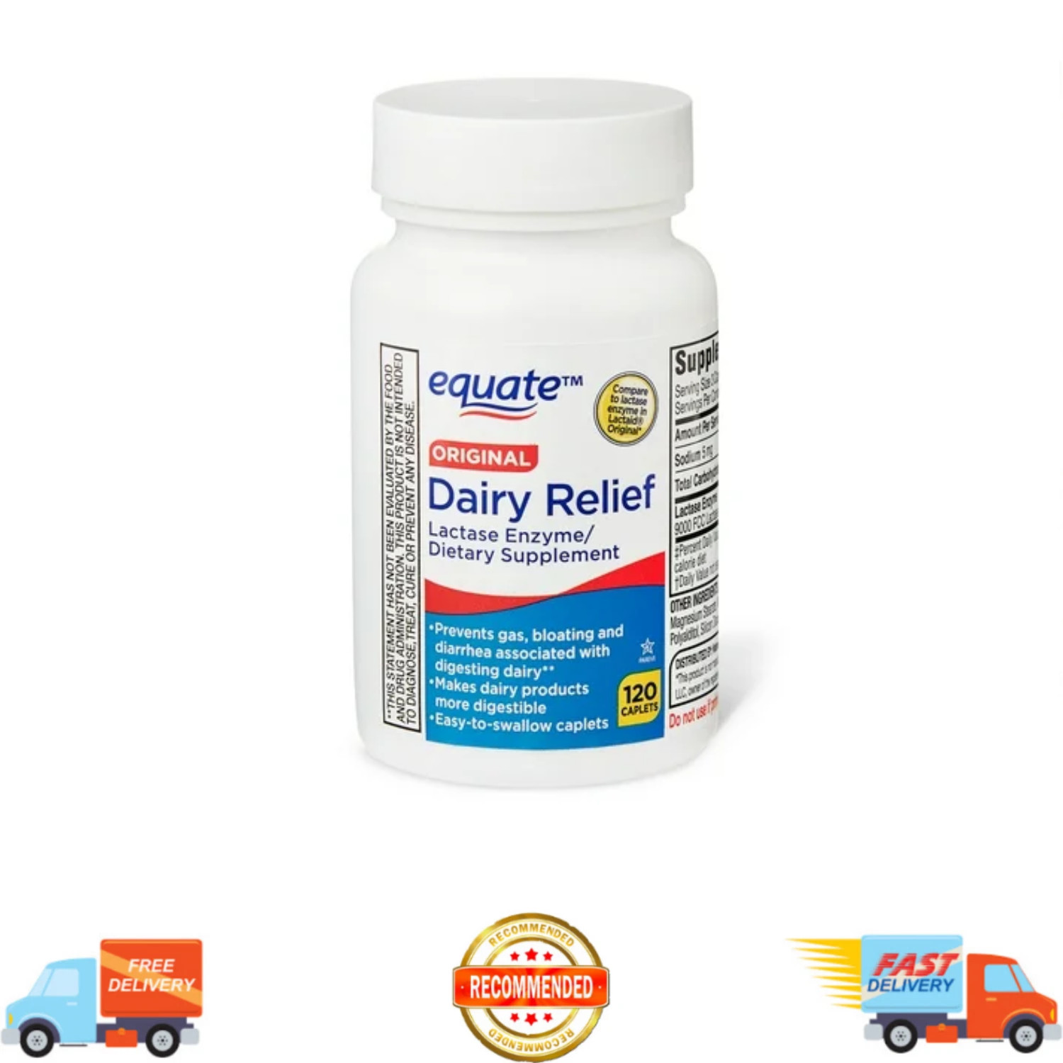 Equate Dairy Relief Caplets Original Support Diarrhea Easy-to-swallow, 120 Count