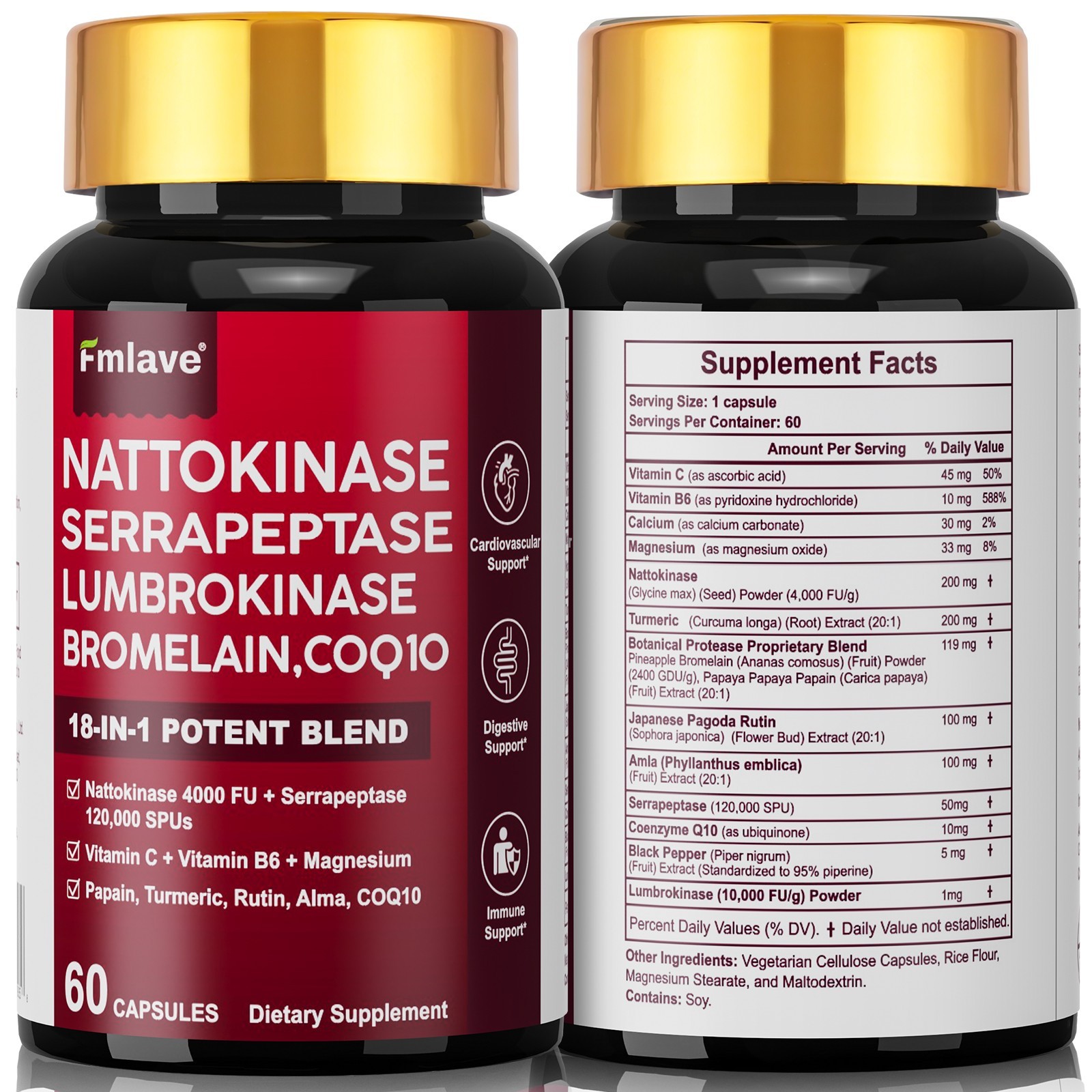 Nattokinase 4000 FU Serrapeptase 120000 SPU Lumbrokinase Enzyme Supplement with