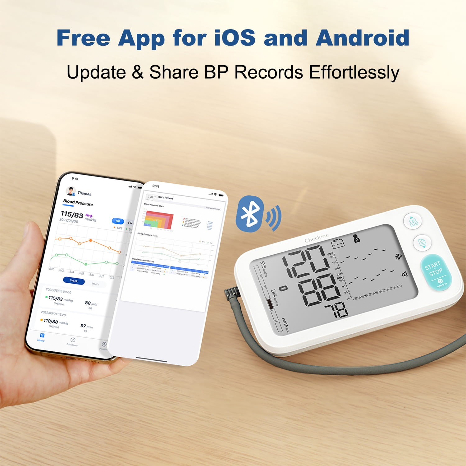 Automatic Upper Arm Blood Pressure Monitor Cuff Pulse Rate Meter Bluetooth App
