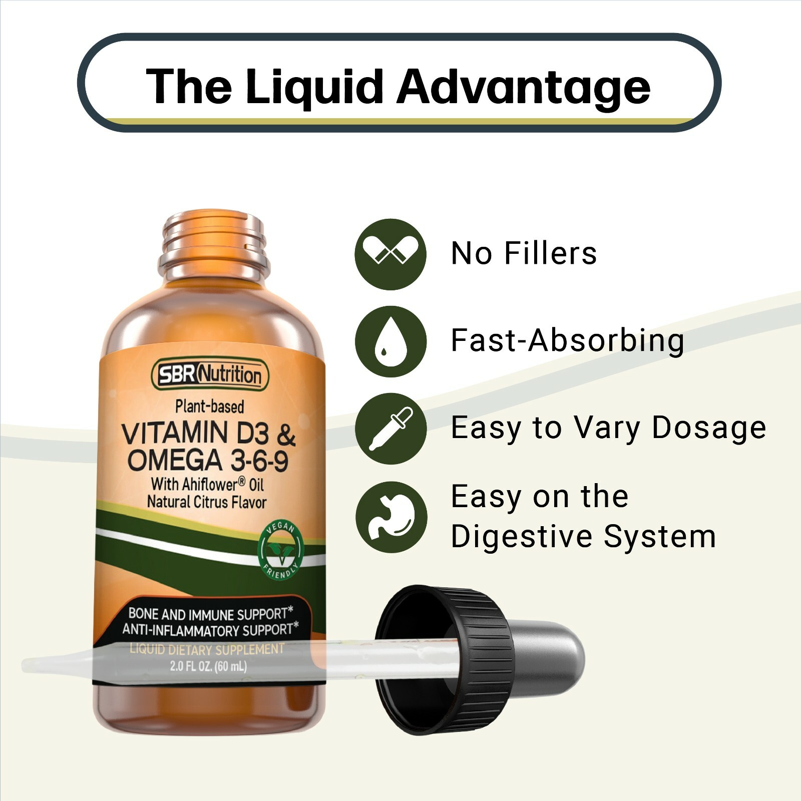 Vegan Vitamin D3 & Omega 3-6-9 Liquid Drops with Ahiflower Oil, Citrus, 2 fl oz
