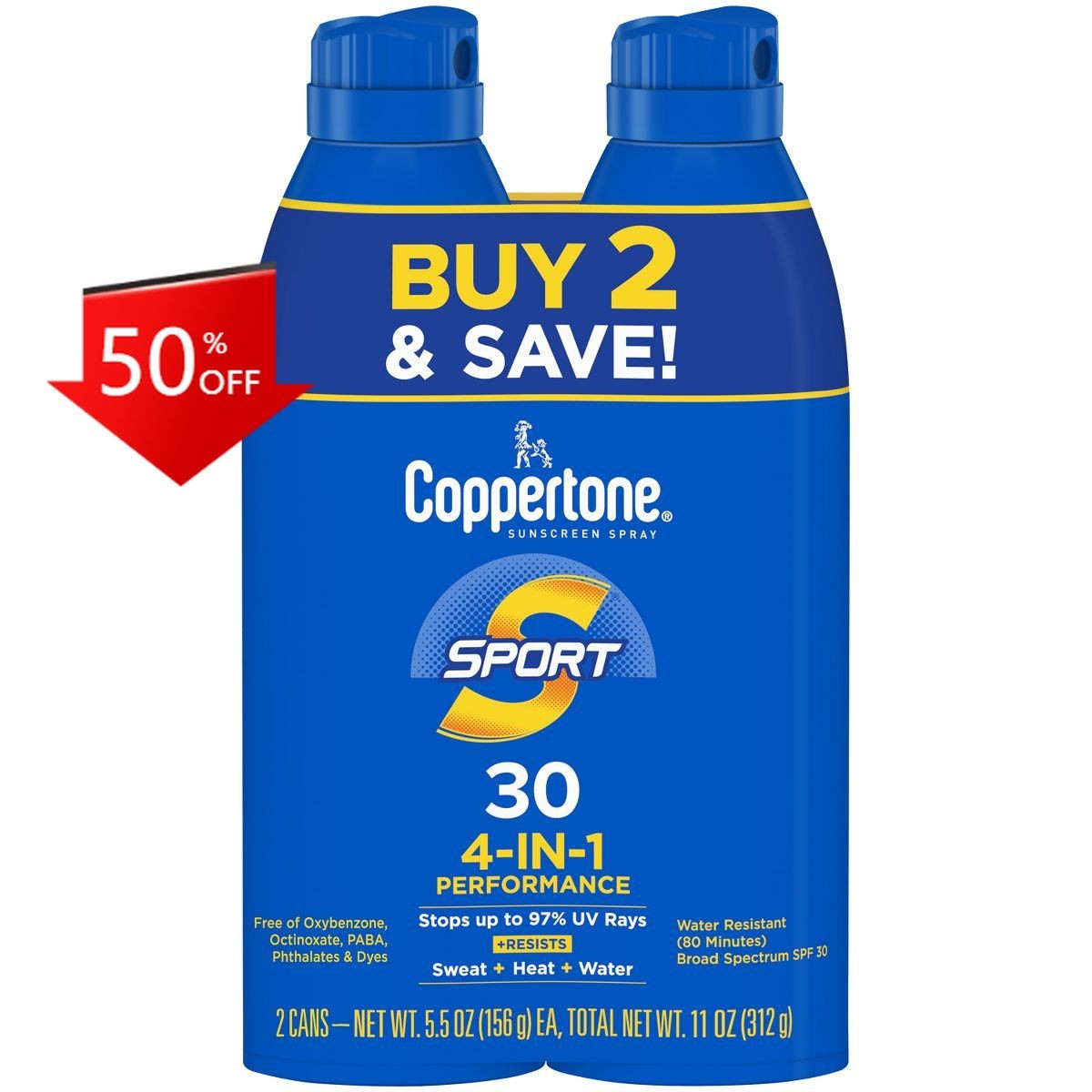Coppertone Sport Sunscreen Spray – SPF 30 – Twin Pack 11oz:Whole Body Protection
