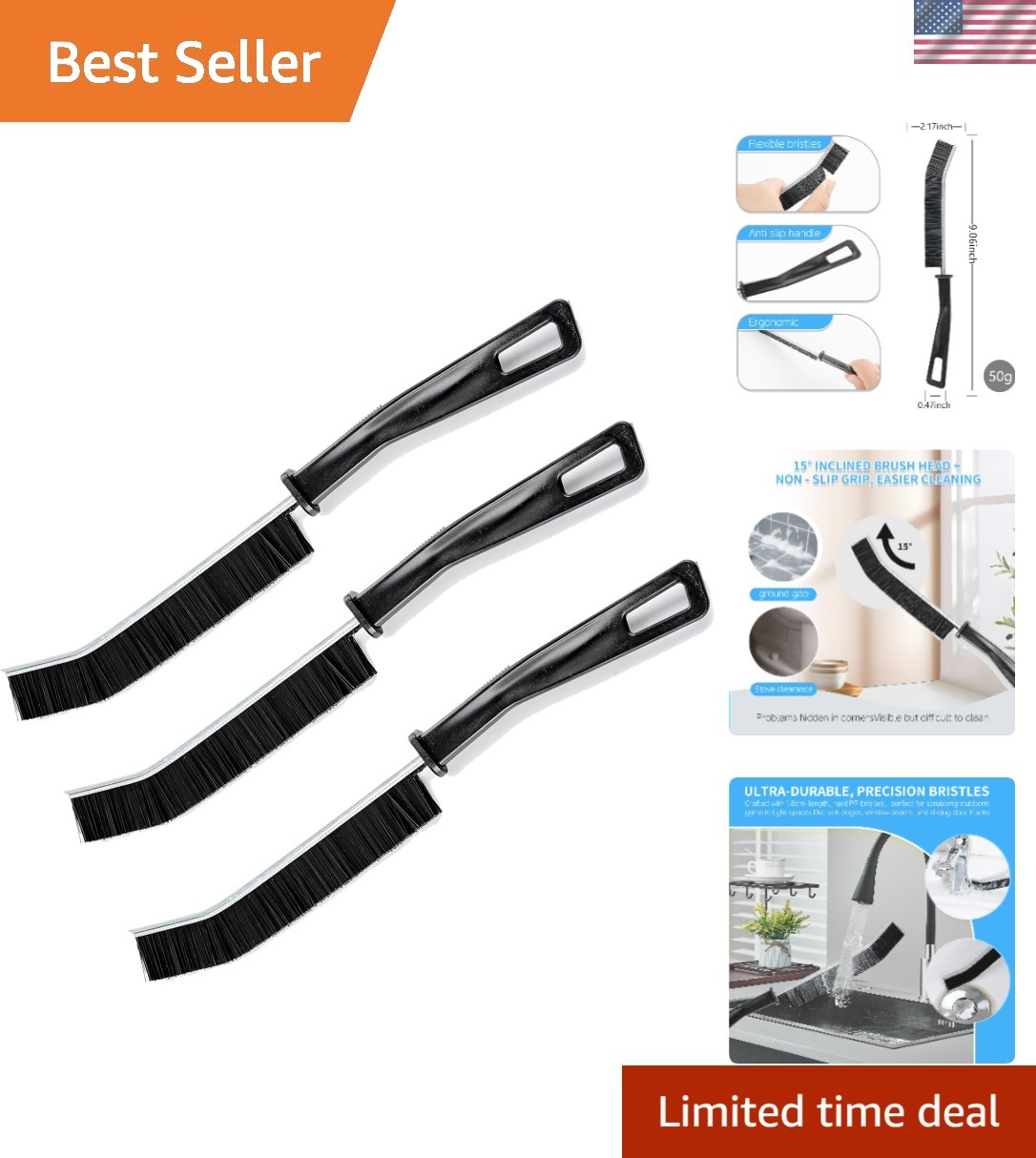 3-Piece Crevice Cleaning Brush Set – Ergonomic Non-Slip Grip for All Surfaces