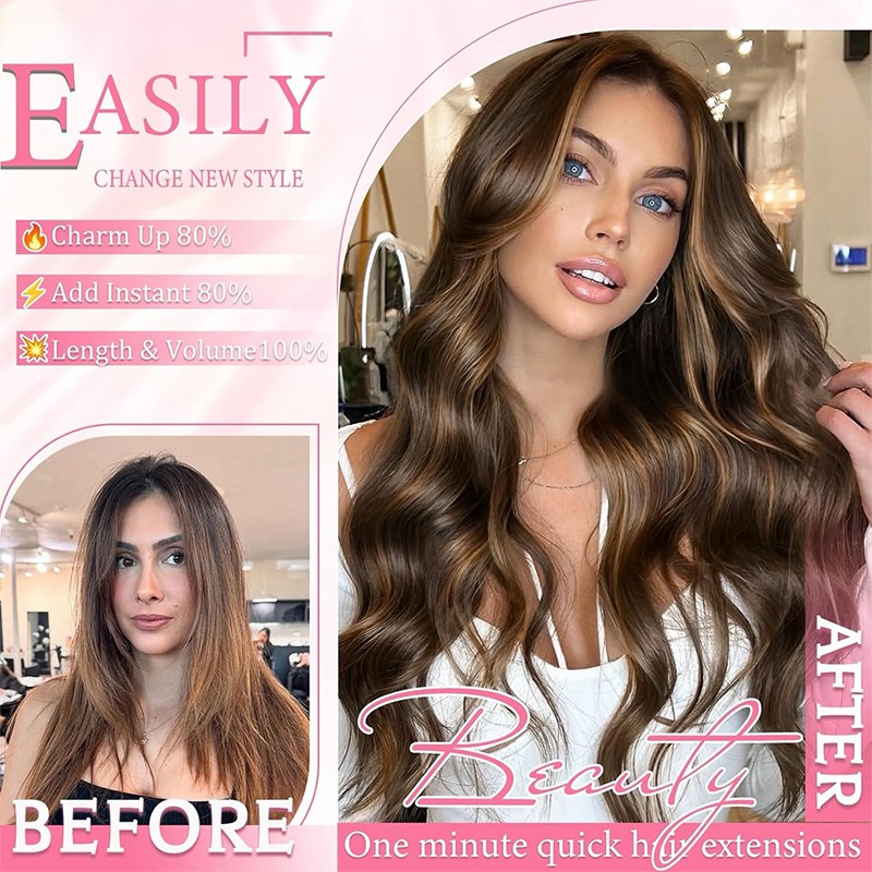Clip In 100% Remy Real Human Hair Extensions 8Pieces 18Clips Brunette Full Head