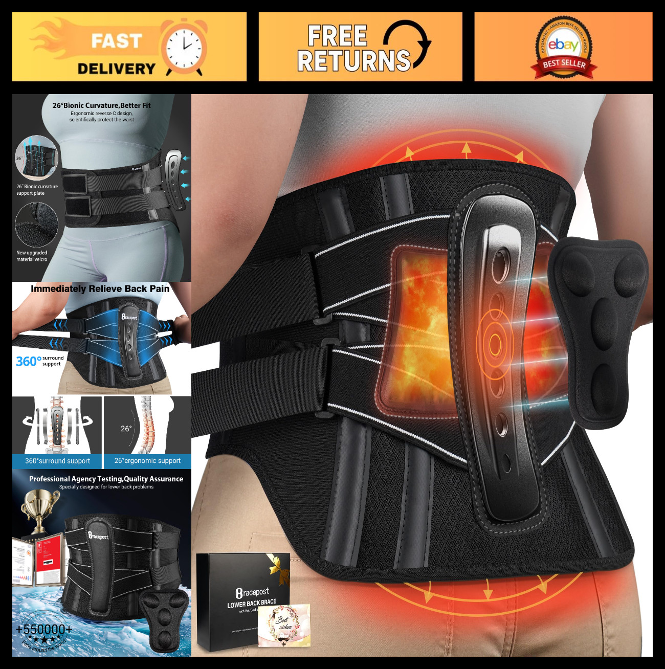 Adjustable Back Brace for Lower Back Pain Relief – 360° Support, Hot/Cold Compre