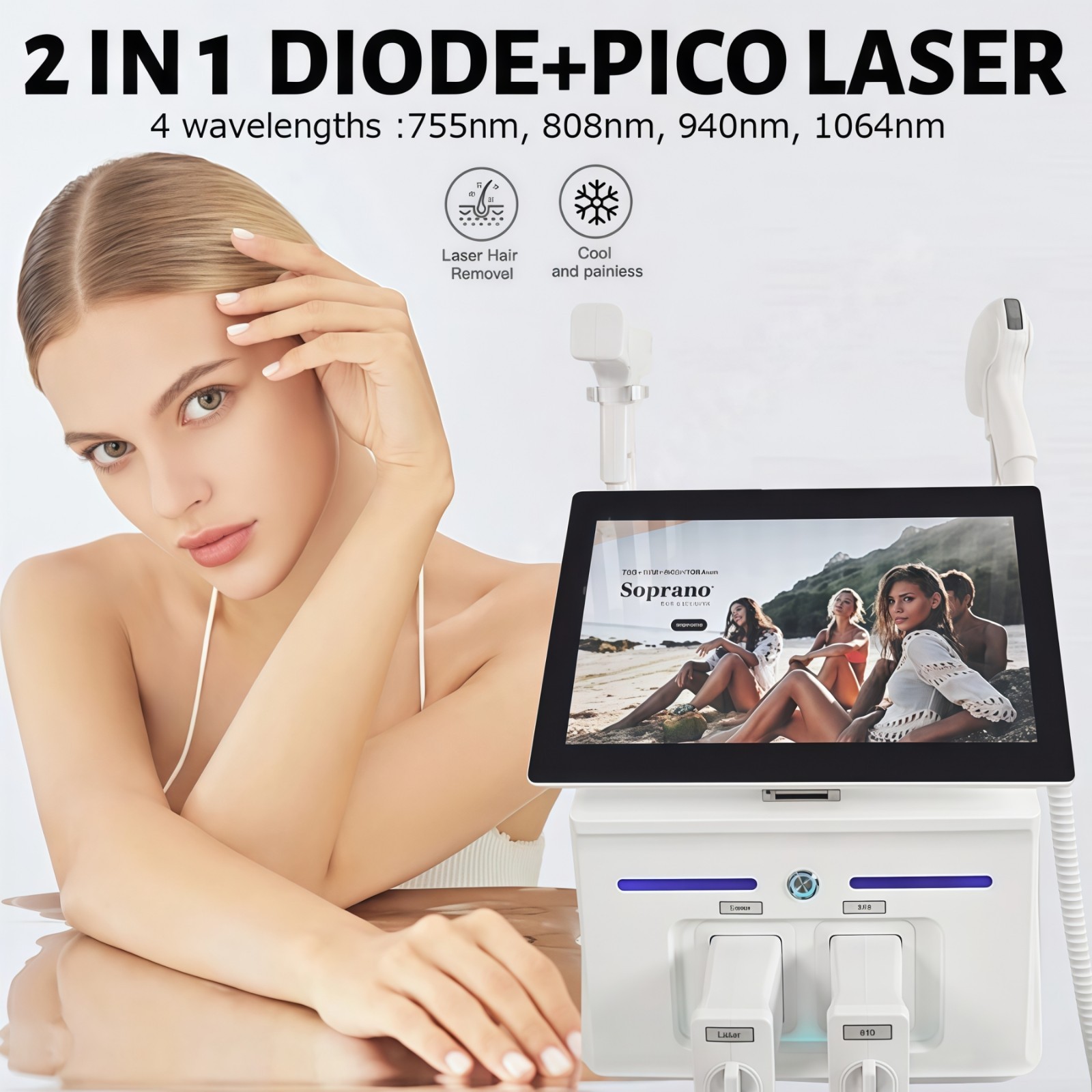 2 IN 1 808nm Diode Laser Hair Removal & Picosecond Laser Tattoo Removal Machine